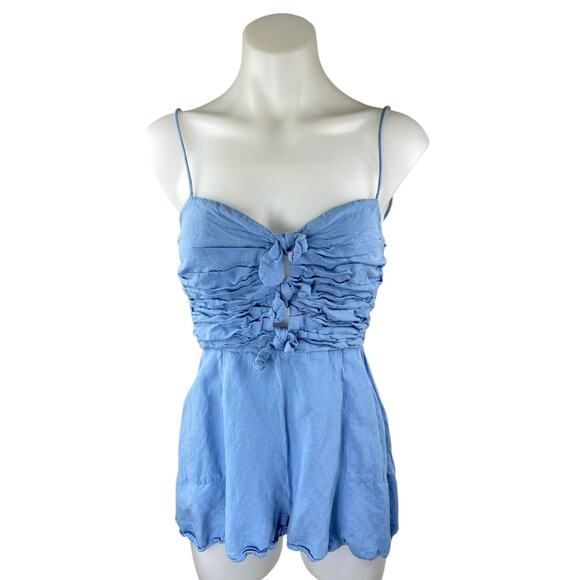 Zara Blue Linen Sleeveless Knot Smocked Cami Camisole Tank Romper Shorts Size M - Picture 1 of 4